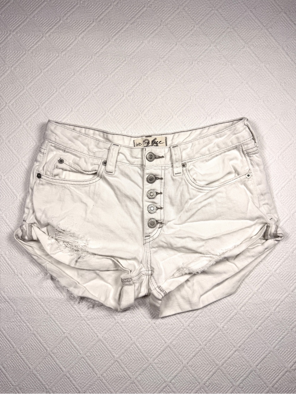 Free People White Denim Cutoff Shorts Distressed Button Fly Rolled Frayed Hem 26